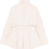 Women's Belted Goose Down Puffer Coat with Elastic Waist and Patch Pockets, Fully Lined