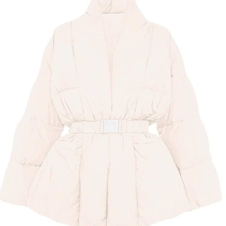 Women's Belted Goose Down Puffer Coat with Elastic Waist and Patch Pockets, Fully Lined