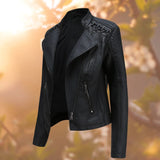 Women's Faux Leather Biker Jacket with Lace Up Shoulders and Stand Collar