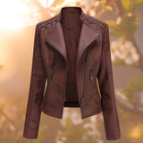 Women's Faux Leather Biker Jacket with Lace Up Shoulders and Stand Collar