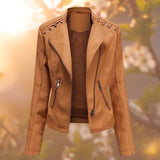 Women's Faux Leather Biker Jacket with Lace Up Shoulders and Stand Collar