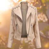 Women's Faux Leather Biker Jacket with Lace Up Shoulders and Stand Collar