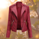 Women's Faux Leather Biker Jacket with Lace Up Shoulders and Stand Collar