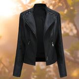 Women's Faux Leather Biker Jacket with Lace Up Shoulders and Stand Collar