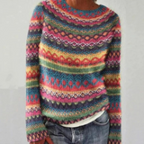 Women's Fair Isle Jumper with Crew Neck, Relaxed Knit Sweater for Autumn and Winter