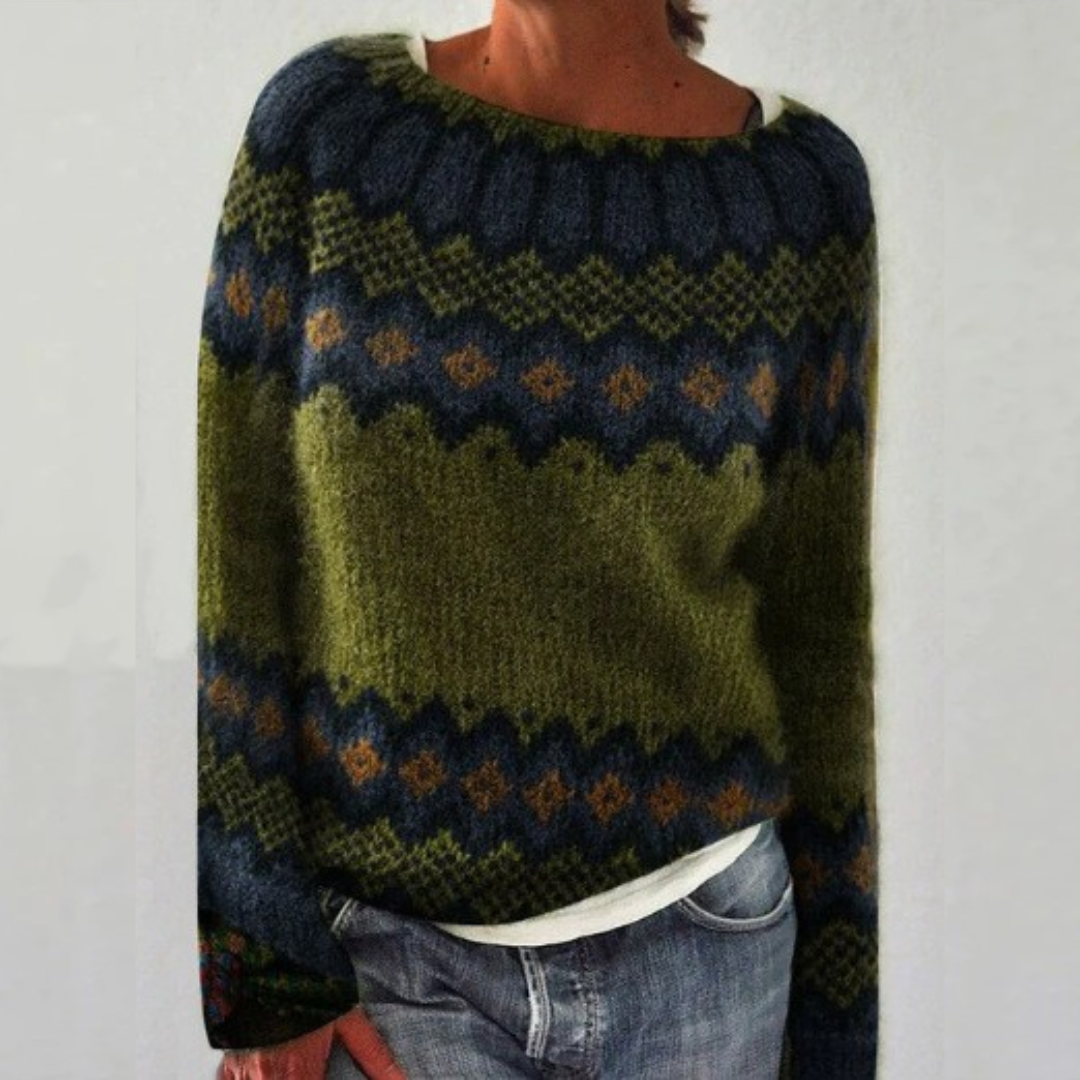 Women's Fair Isle Jumper with Crew Neck, Relaxed Knit Sweater for Autumn and Winter