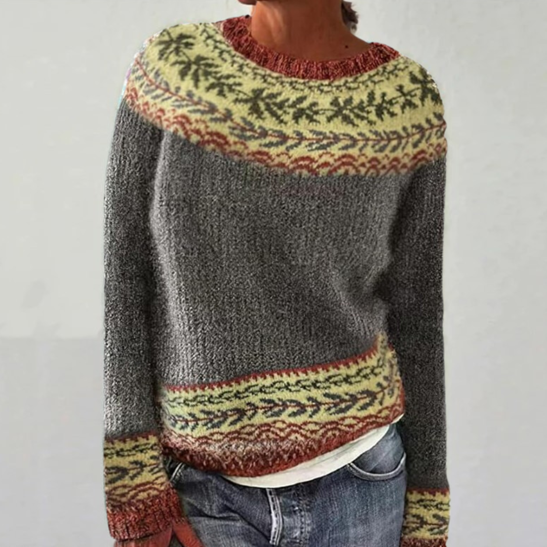 Women's Fair Isle Jumper with Crew Neck, Relaxed Knit Sweater for Autumn and Winter