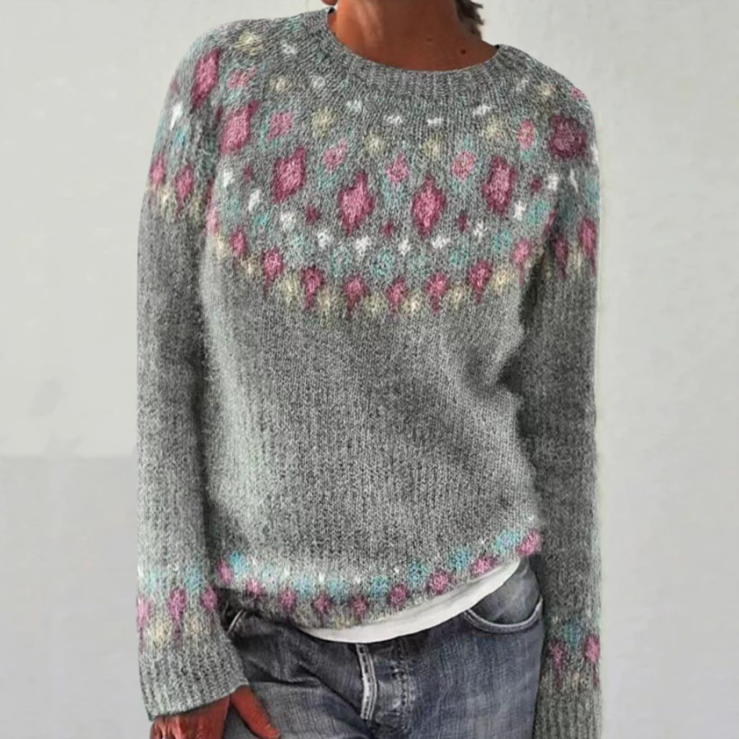 Women's Fair Isle Jumper with Crew Neck, Relaxed Knit Sweater for Autumn and Winter