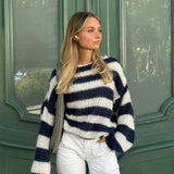 Women's Oversized Striped Jumper in Chunky Knit with Boat Neck and Dropped Shoulders