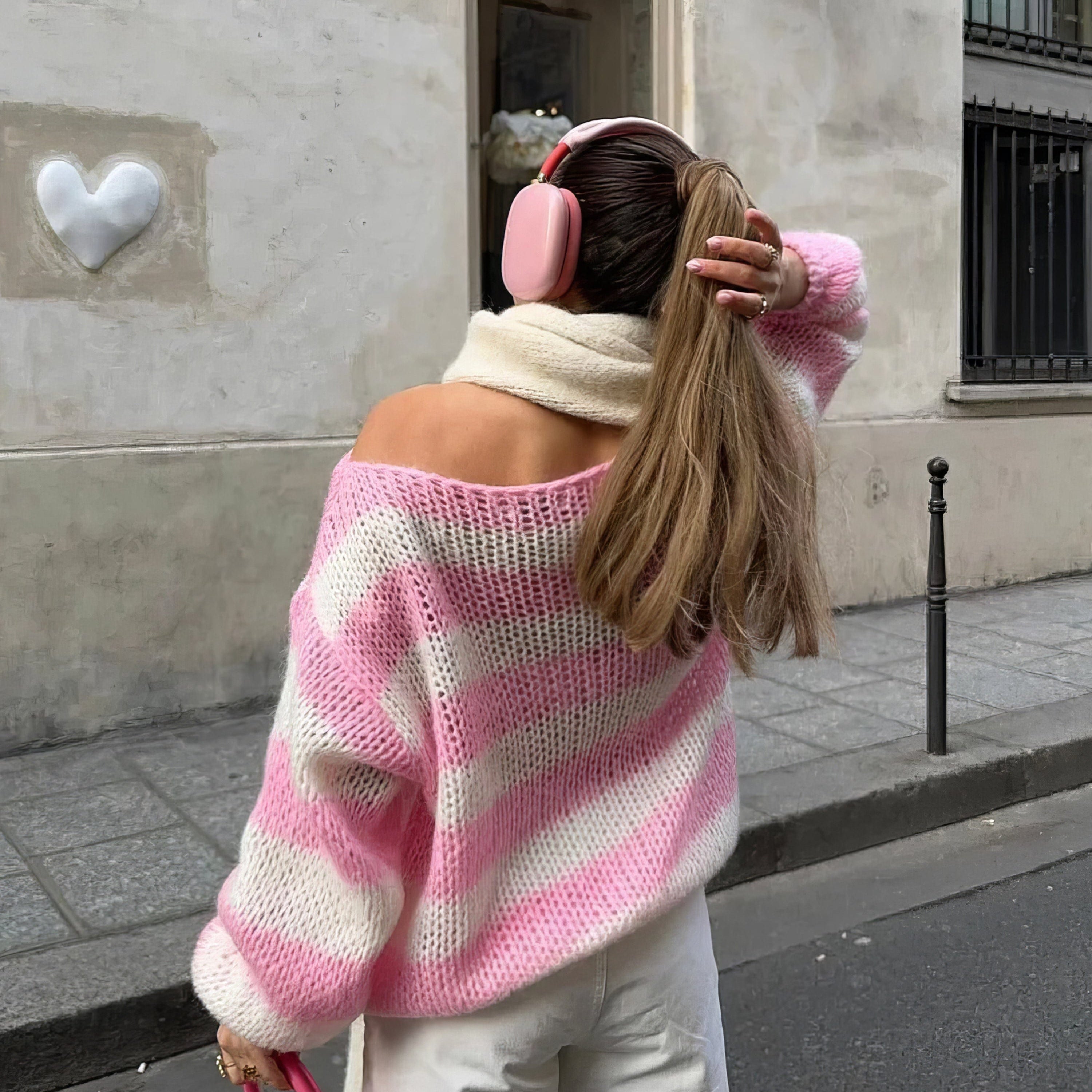 Women's Oversized Striped Jumper in Chunky Knit with Boat Neck and Dropped Shoulders