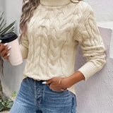 Women's Cable Knit Polo Neck Jumper with Ribbed Cuffs and Slightly Fitted Shape