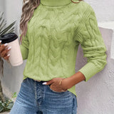 Women's Cable Knit Polo Neck Jumper with Ribbed Cuffs and Slightly Fitted Shape