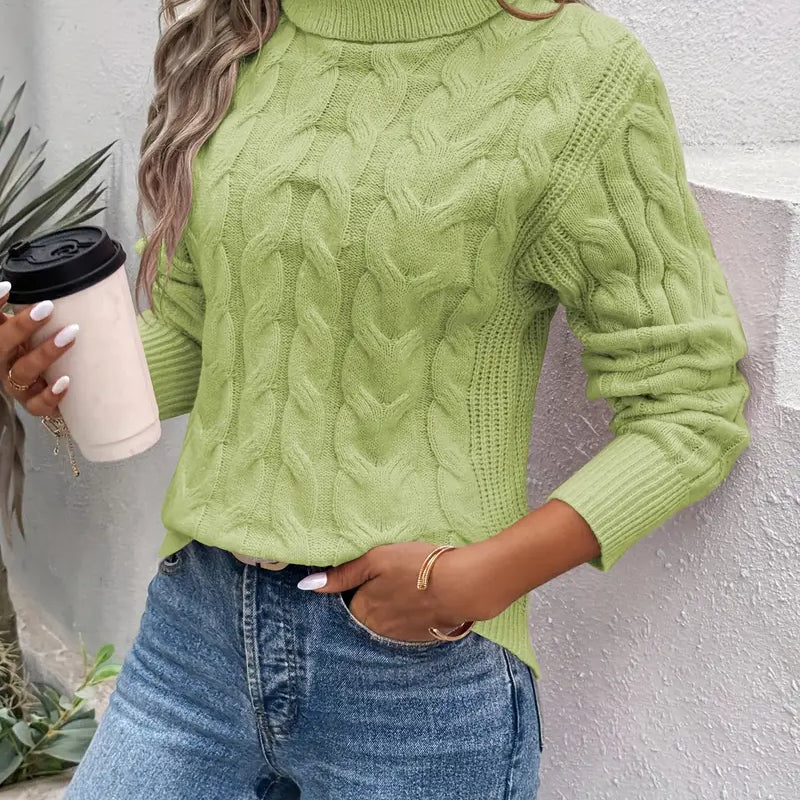 Women's Cable Knit Polo Neck Jumper with Ribbed Cuffs and Slightly Fitted Shape