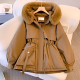 Women's Padded Parka Jacket with Faux Fur Hood and Drawstring Waist for Winter