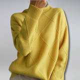 Women's Diamond Knit Polo Neck Jumper, Relaxed Roll Neck Sweater for Autumn and Winter