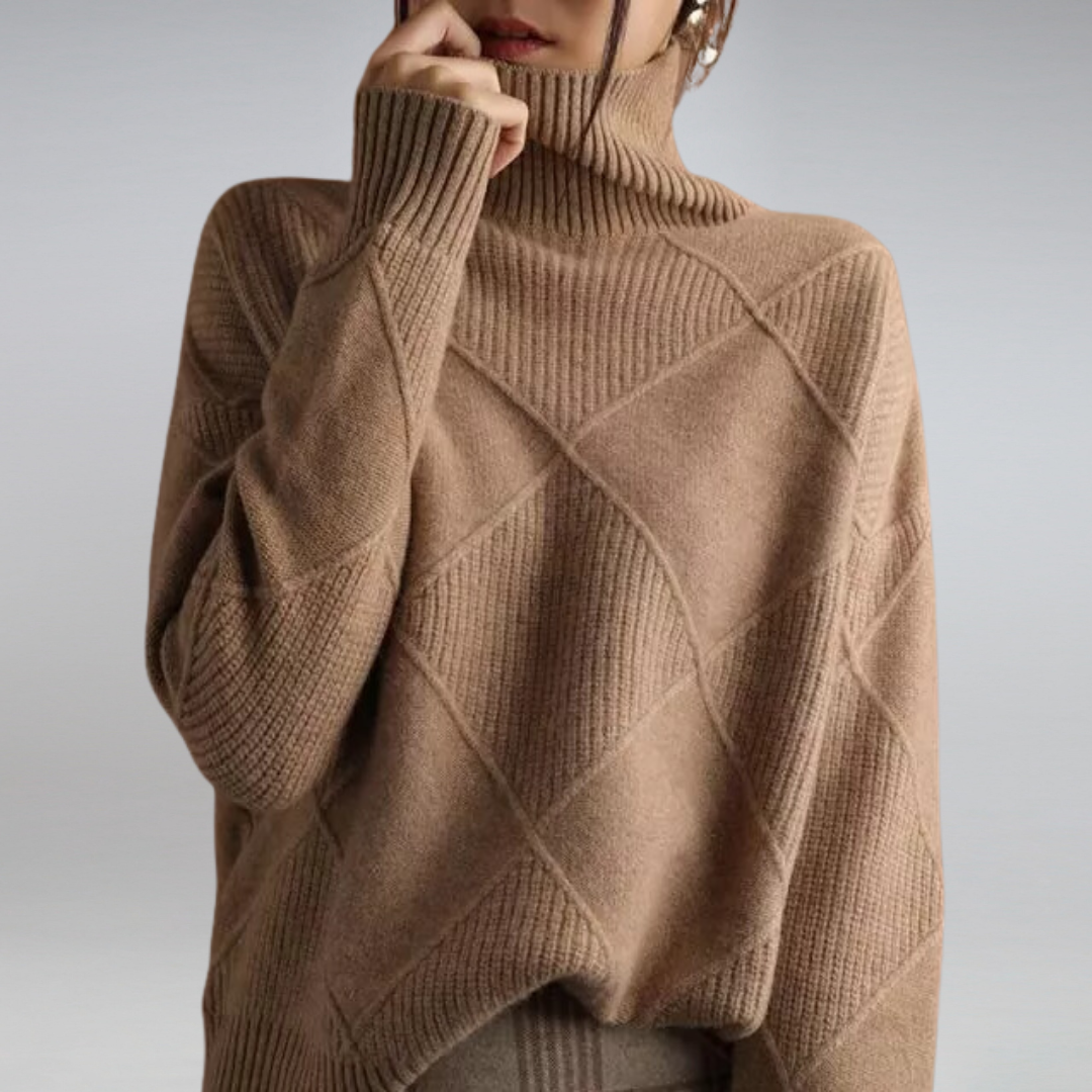 Women's Diamond Knit Polo Neck Jumper, Relaxed Roll Neck Sweater for Autumn and Winter