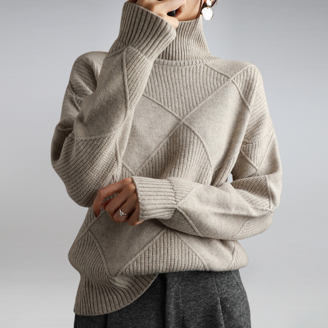 Women's Diamond Knit Polo Neck Jumper, Relaxed Roll Neck Sweater for Autumn and Winter