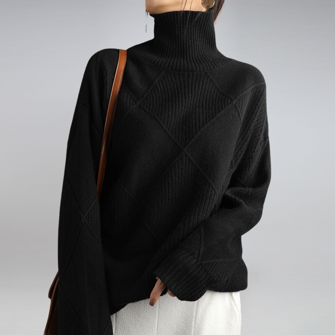 Women's Diamond Knit Polo Neck Jumper, Relaxed Roll Neck Sweater for Autumn and Winter