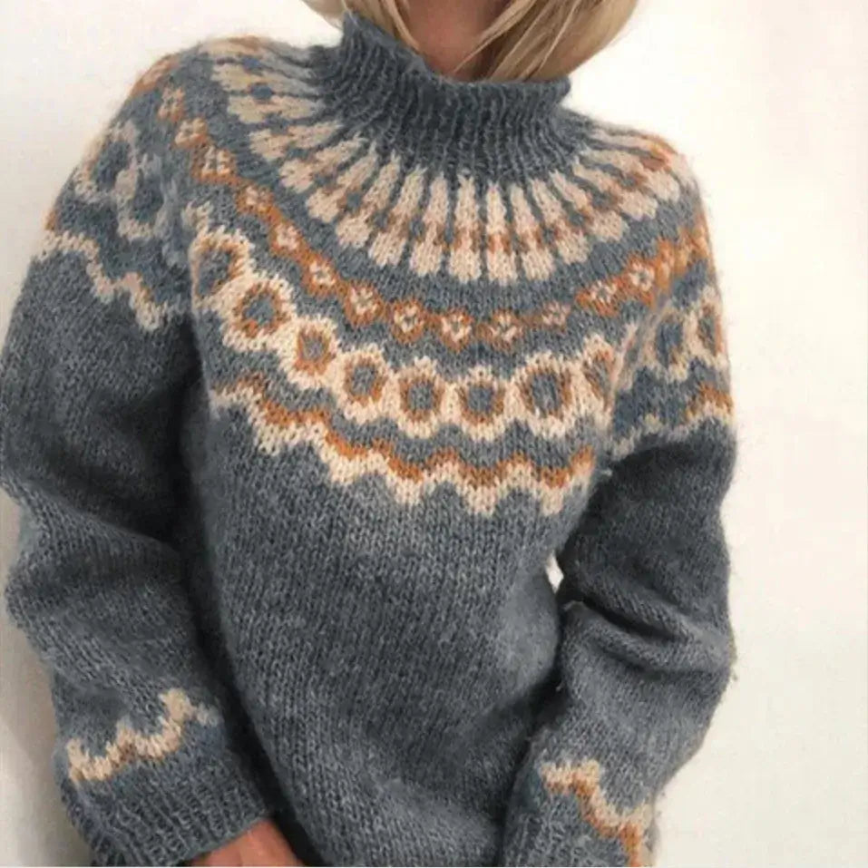 Gray knitted sweater with a pattern on a white background