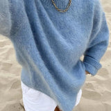 Women's Oversized Mohair Blend Jumper, Fluffy Crew Neck Knit Sweater