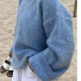 Women's Oversized Mohair Blend Jumper, Fluffy Crew Neck Knit Sweater