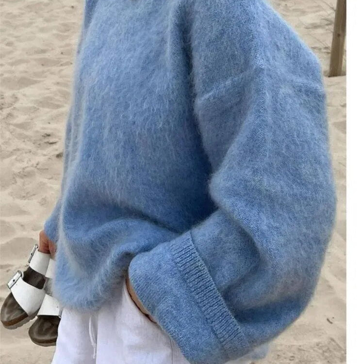 Women's Oversized Mohair Blend Jumper, Fluffy Crew Neck Knit Sweater